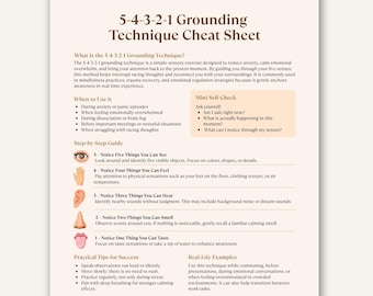 5-4-3-2-1 Aide-mémoire sur la technique d'ancrage, imprimable pour le soulagement de l'anxiété, outil d'adaptation à la pleine conscience et aux traumatismes