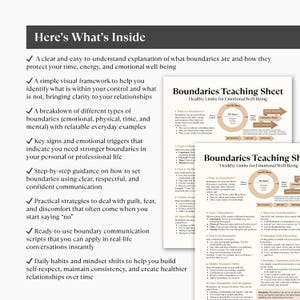 May include: A white and black document titled "Boundaries Teaching Sheet" with the subtitle "Healthy Limits for Emotional Well-Being." The document includes bullet points and diagrams about boundaries, self-respect, and relationships.