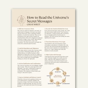 May include: A cream-coloured cheat sheet titled "How to Read the Universe's Secret Messages." The text includes steps on awareness, emotion, repetition, and action. A diagram illustrates the flow of energy and confirmation.