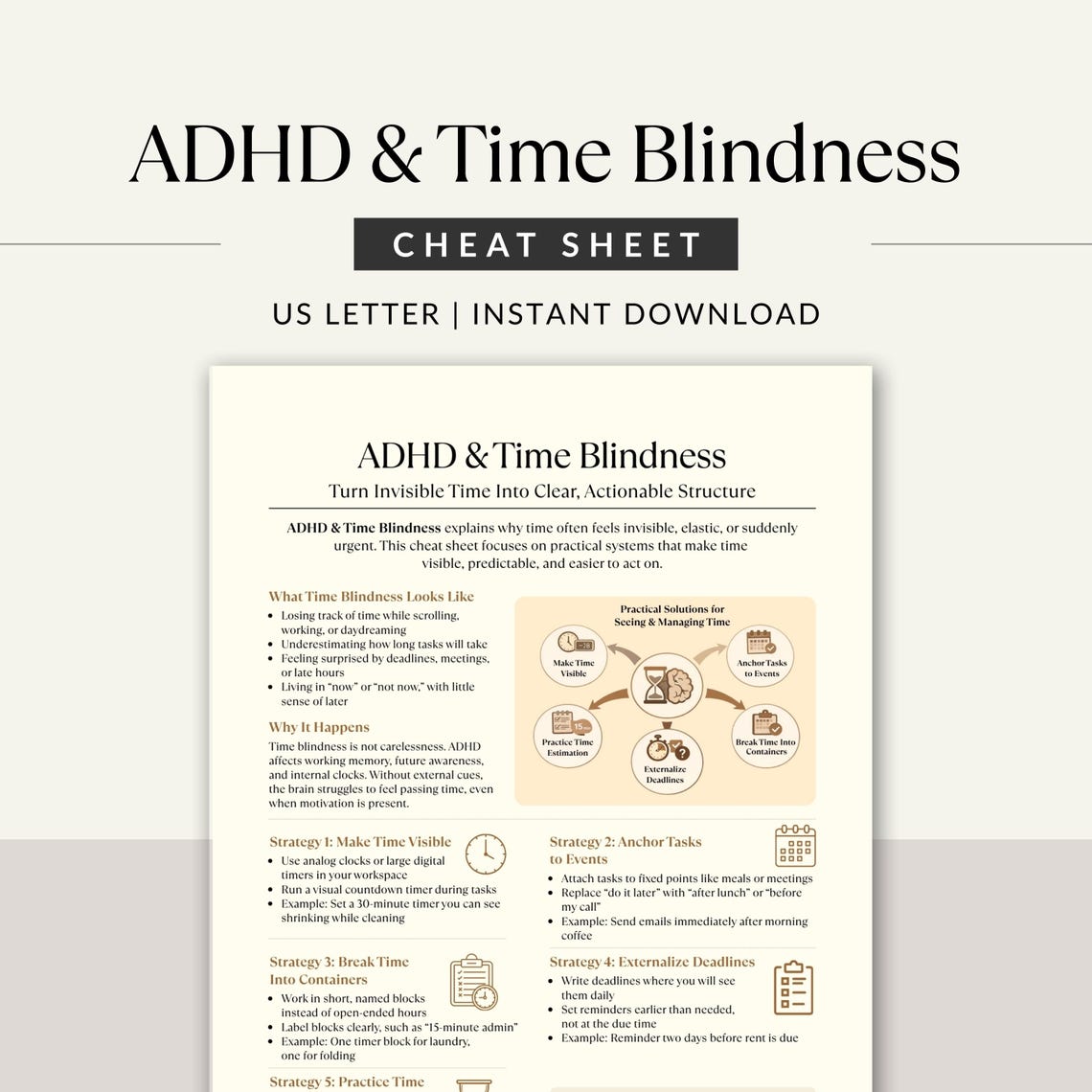 ADHD Time Blindness Cheat Sheet, Time Management Printable for Adults ...