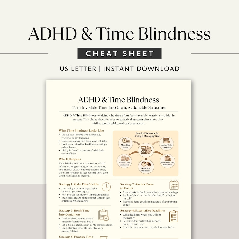 May include: A white cheat sheet titled "ADHD & Time Blindness" with the text "CHEAT SHEET" and "US LETTER | INSTANT DOWNLOAD". The sheet provides strategies to manage time, including making time visible and anchoring tasks to events.