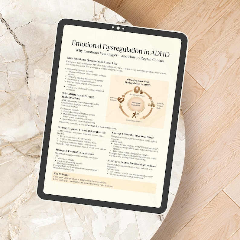 May include: A white tablet shows a document titled "Emotional Dysregulation in ADHD." The document details methods for managing emotions, such as pausing before reacting and slowing the emotional surge. The tablet is on a light-coloured, patterned surface.