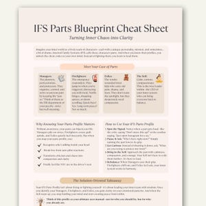May include: A cream-colored cheat sheet titled "IFS Parts Blueprint Cheat Sheet" with text and graphics. The sheet explains Internal Family Systems (IFS) and how to understand your inner self.