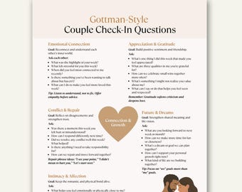 Gottman-vragen over inchecken voor stellen, tool voor relatiecommunicatie en verbinding, afdrukbare huwelijkstherapie