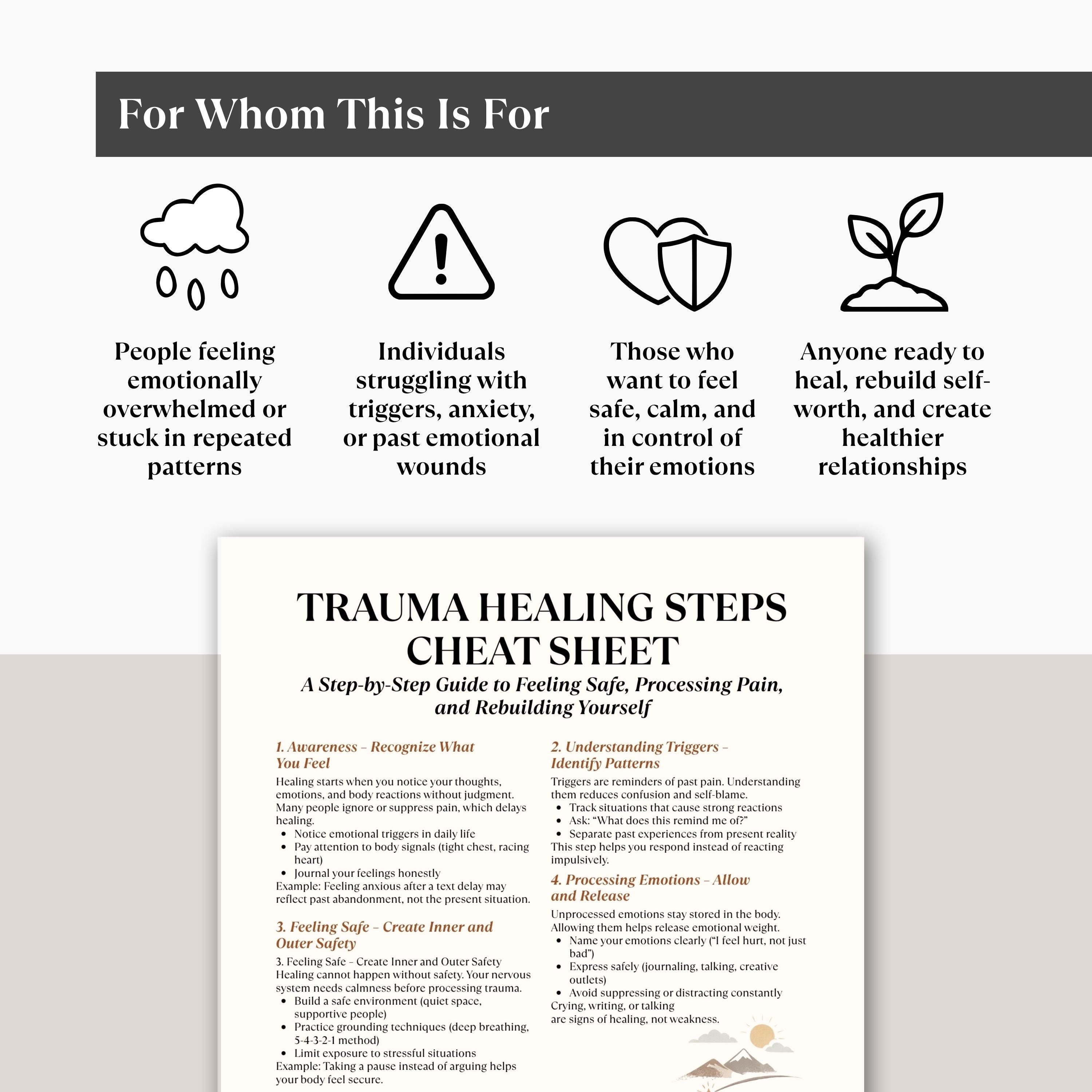 Trauma Healing Steps Cheat Sheet Printable, Therapy Worksheet ...
