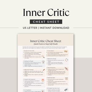 Minimalist product cover mockup of the Inner Critic Cheat Sheet with bold title, subtitle “US Letter | Instant Download,” and preview of the worksheet underneath.