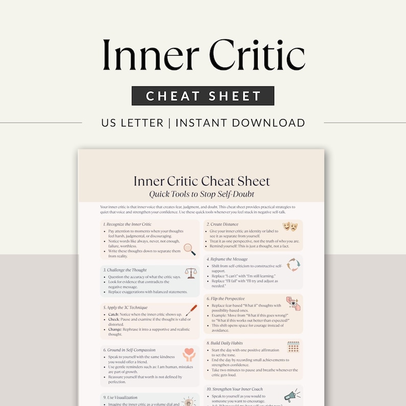 Minimalist product cover mockup of the Inner Critic Cheat Sheet with bold title, subtitle “US Letter | Instant Download,” and preview of the worksheet underneath.