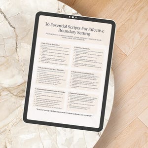 Tablet displaying Boundary Setting Scripts Printable on marble surface — digital version of US Letter self-help cheat sheet.