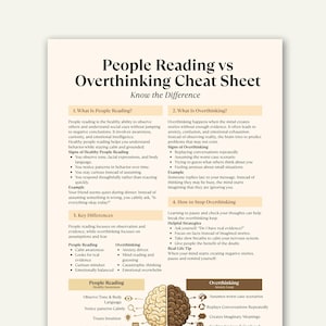 Puede incluir: Una hoja de trucos impresa titulada "People Reading vs Overthinking Cheat Sheet". El documento está dividido en secciones que explican las diferencias entre la lectura de personas y el exceso de pensamiento, con estrategias útiles.