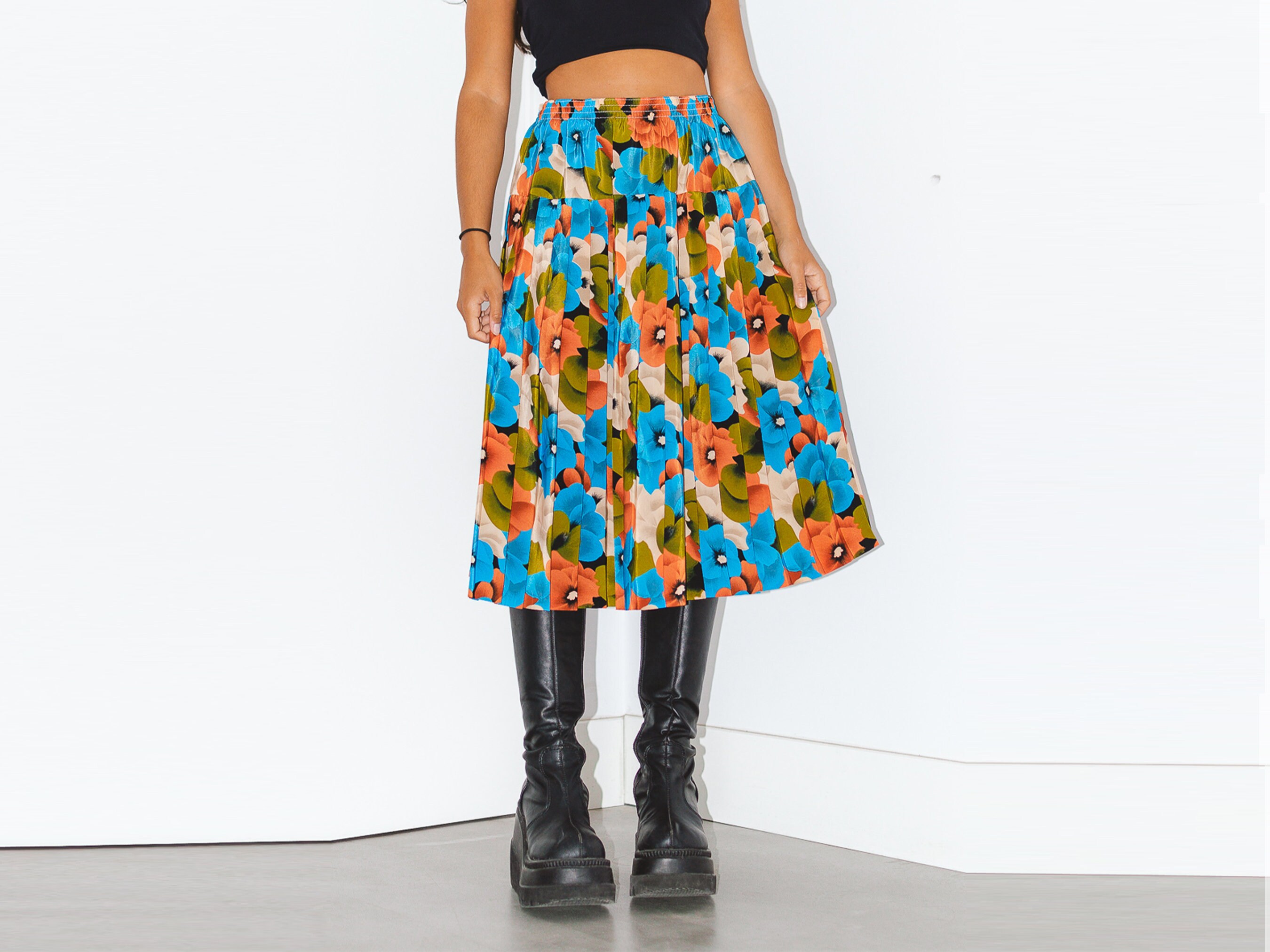 90s Handmade Floral Printed Pleated Midi Skirt Vintage Midi Skirt Flower Skirt Cottage Core Clothing Etsy