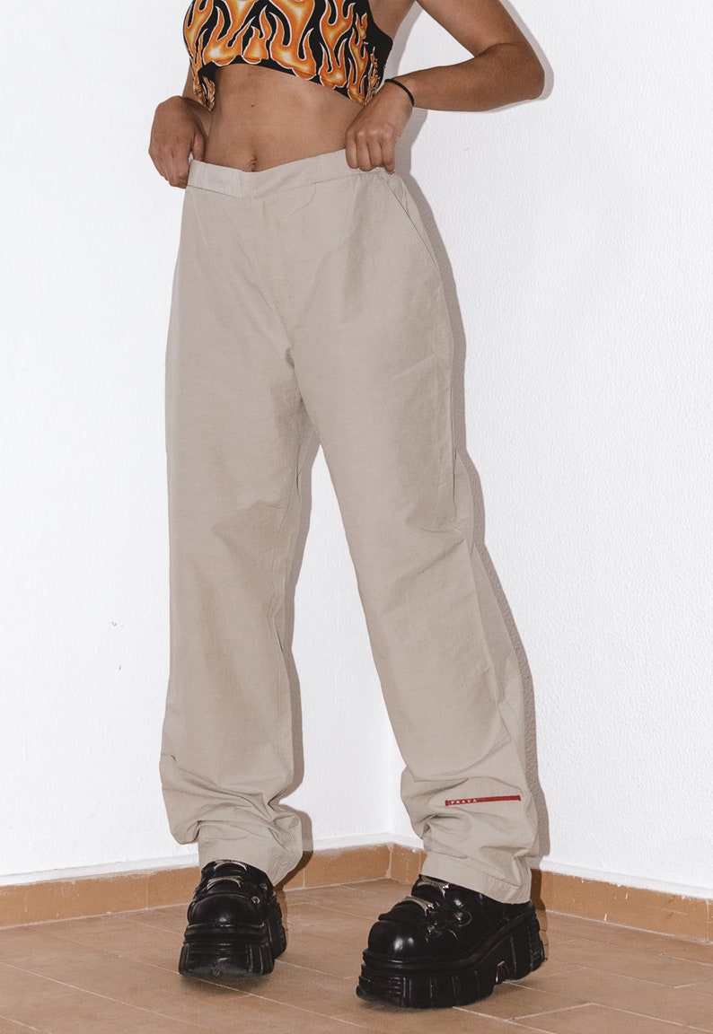 Prada Vintage Y2k Cargo Pants Wide Leg in Beige Gorpcore High Waisted Designer Pants Harajuku Utility Loose fit Pants Trousers Techwear image 3