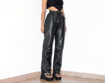 Pantalon en cuir véritable épais des années 90 - pantalon taille haute noir vintage - pantalon mode femme - pantalon rock and roll - cadeau pour maman