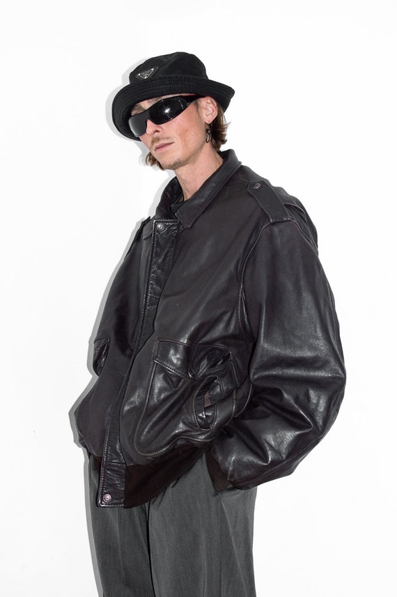 90s Oversize Genuine Leather Zip Trough Bomber Ja… - image 6