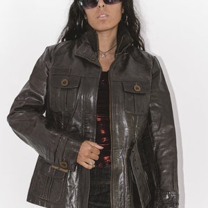 Y2k Zip Up Vintage Leather High Neck Jacket in Brown image 4