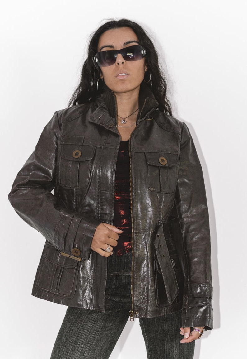 Y2k Zip Up Vintage Leather High Neck Jacket in Brown image 4