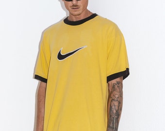 Vintage Collectible Rare Yellow Nike Embroidered Black Swoosh Oversized 90s T-Shirt - Vintage Nike Tee - Rare Nike - Nike Collector Shirt