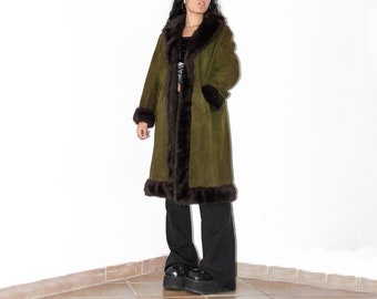 Vintage 90s Khaki Faux Fur Leather Afghan Coat -  Long Penny Lane Coat - 70s Style Coats - Womens Outerwear for Mid Season - Gift For Mom