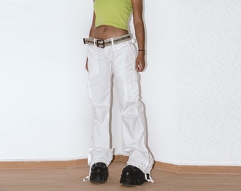Pantalones vintage blancos de pierna ancha con bolsillos - Pantalones cargo Y2k ajustables de cintura baja grunge - Ropa de primavera - Pantalones holgados para mujer