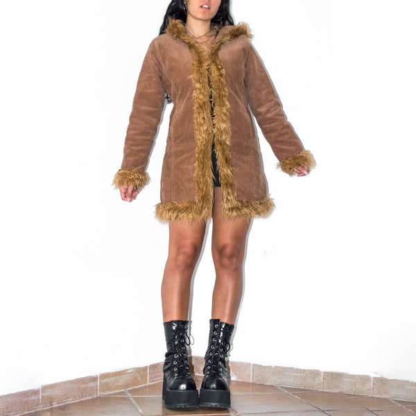 Vintage Brown Corduroy Penny Lane Jacket - Y2K Coats women - Hooded Afghan Coat - Gift for Girlfriend - Hippie Faux Fur Trim Coat