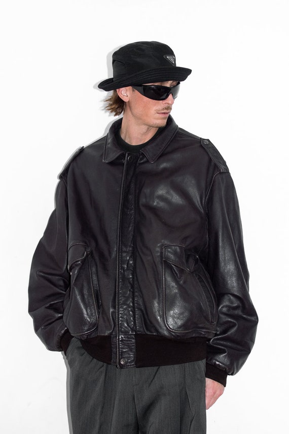 90s Oversize Genuine Leather Zip Trough Bomber Ja… - image 7