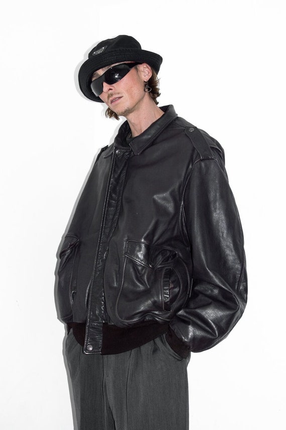 90s Oversize Genuine Leather Zip Trough Bomber Ja… - image 1