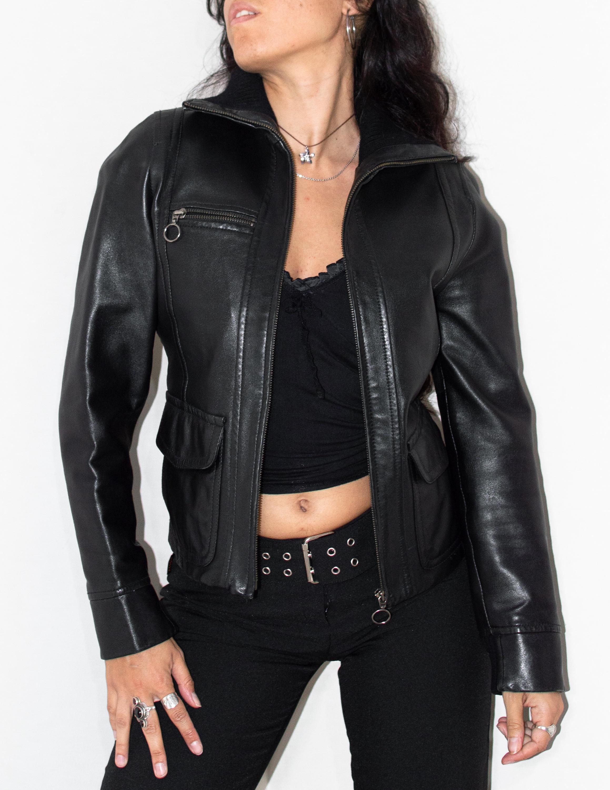 Vintage Y2k Black Zipper Biker Collared Jacket - Grungy Genuine 
