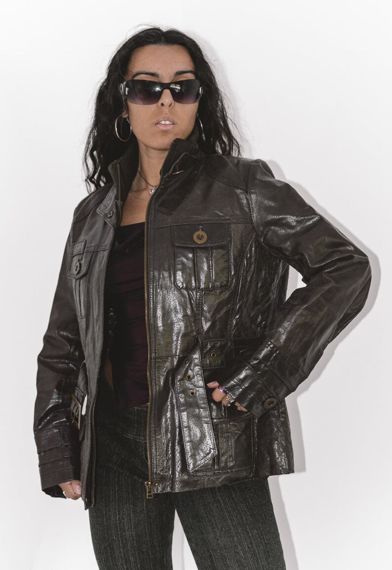 Y2k Zip Up Vintage Leather High Neck Jacket in Brown image 5