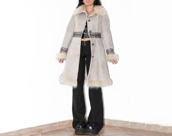 Y2k Beige Embroidery Penny Lane Coat - Mid Season Faux Suede Coat for Woman - Faux Fur Trim Boho Coat - Fur Lined Jacket - Gift for Her