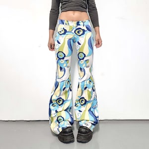 Y2k Vintage Groovy Green and Blue Print Flared Trousers - Deadstock Wide Leg Low Rise Pants - Size XS for women