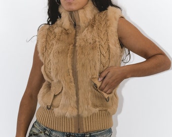 Chaleco de piel vintage Y2k en beige -Chaqueta sin mangas de piel - Gilet - Prendas de punto - Chaqueta Boho - Chaleco suéter