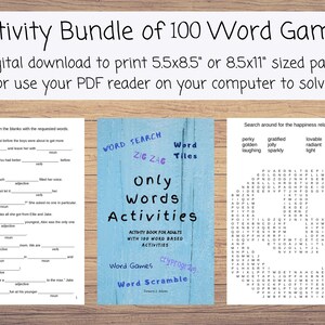 May include: A blue and white printable activity book bundle with 100 word games for adults. The cover features the text "Only Words Activities" and "Word Games Word Scramble".
