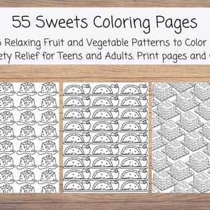 May include: Three black and white colouring pages featuring repeating patterns of desserts. The first page has a pattern of pudding cups, the second page has a pattern of empanadas, and the third page has a pattern of lasagne.