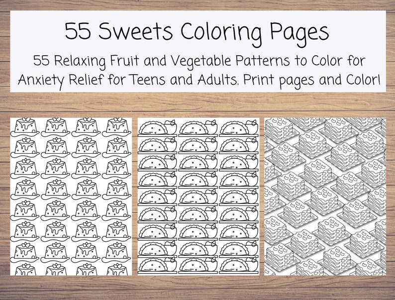 May include: Three black and white colouring pages featuring repeating patterns of desserts. The first page has a pattern of pudding cups, the second page has a pattern of empanadas, and the third page has a pattern of lasagne.