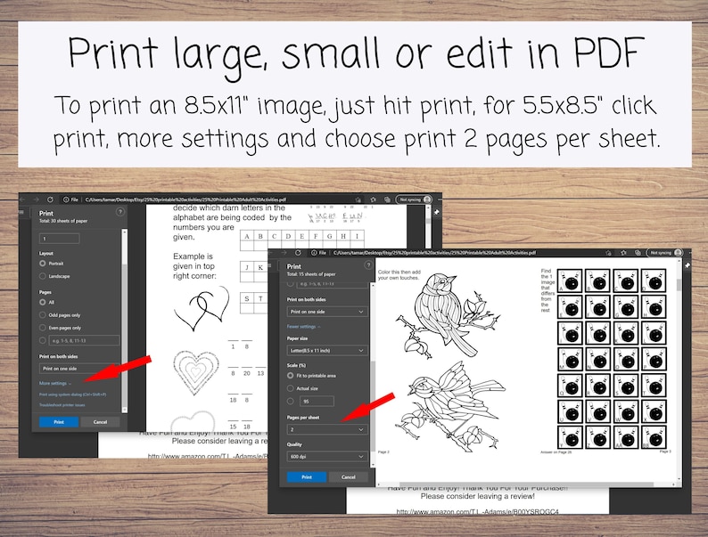May include: A screenshot of a computer screen showing a PDF document with a black and white illustration of a bird on a branch. The document is open in a web browser and the print settings are visible. The print settings include options for printing on both sides of the paper, printing 2 pages per sheet, and scaling the print size.