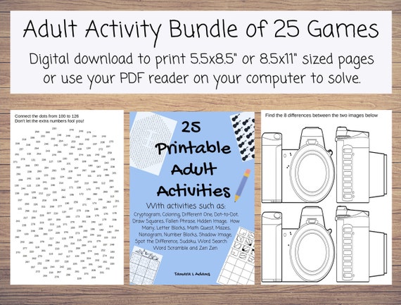 25 Printable Adult Activities Adult Games Coloring, Dot-to-dot, Hidden  Image, Mazes, Spot the Difference, Sudoku, Word Search, Word Scramble 