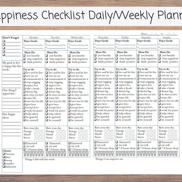 Instant Happiness Printable Planner with Checklists. Keep track of your water, exercise, daily happiness and more with this happy planner