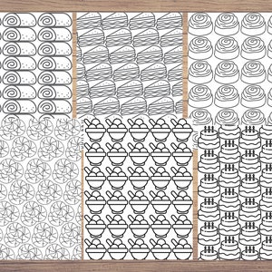 May include: A set of ten black and white printable digital paper patterns featuring various food designs, including cakes, ice cream, pastries, and sweets.
