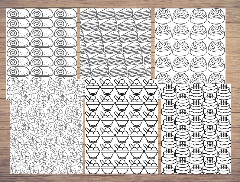 May include: A set of ten black and white printable digital paper patterns featuring various food designs, including cakes, ice cream, pastries, and sweets.