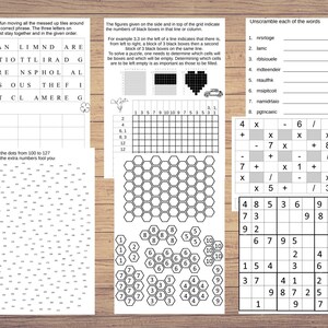 May include: A collection of printable puzzle sheets, including word scrambles, connect-the-dots, and Sudoku. The pages are white with black text and graphics, designed for educational and recreational activities. The sheets are arranged on a wooden surface.
