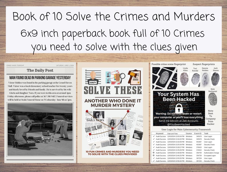 Pu&ograve; includere: Un libro tascabile di 6x9 pollici intitolato "Book of 10 Solve the Crimes and Murders". Contiene 10 crimini da risolvere con indizi. La copertina presenta ritagli di giornale, dettagli della scena del crimine e analisi delle impronte digitali.