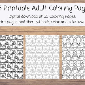May include: Three black and white colouring pages featuring repeating patterns of a jelly mould, a cake with a cherry on top, and a cup of coffee with whipped cream.