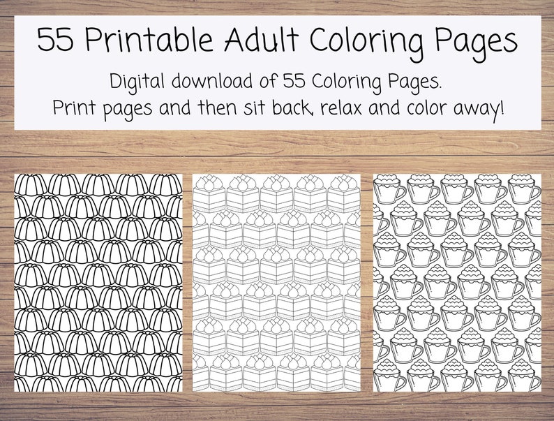 May include: Three black and white colouring pages featuring repeating patterns of a jelly mould, a cake with a cherry on top, and a cup of coffee with whipped cream.
