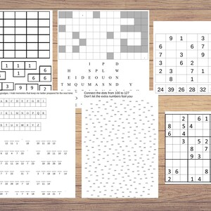 Op de afbeelding: Een zwart-witte printbare werkblaad met een verscheidenheid aan puzzels, waaronder een verbind-de-stippen puzzel, een woordzoeker, een Sudoku-puzzel en een getallenpuzzel. De werkblaad is ontworpen voor kinderen en bevat een verscheidenheid aan educatieve activiteiten.
