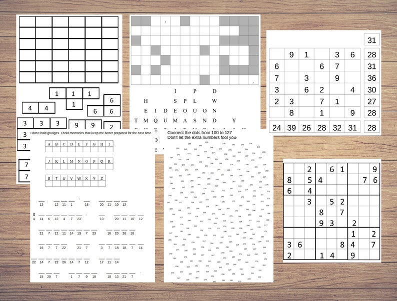 Op de afbeelding: Een zwart-witte printbare werkblaad met een verscheidenheid aan puzzels, waaronder een verbind-de-stippen puzzel, een woordzoeker, een Sudoku-puzzel en een getallenpuzzel. De werkblaad is ontworpen voor kinderen en bevat een verscheidenheid aan educatieve activiteiten.