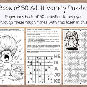 Op de afbeelding: Een paperback boek getiteld "Book of 50 Adult Variety Puzzles". Het boek bevat puzzels, waaronder Sudoku en een doolhof. De omslag heeft een illustratie van een huilende baby en de tekst "He is a joke."