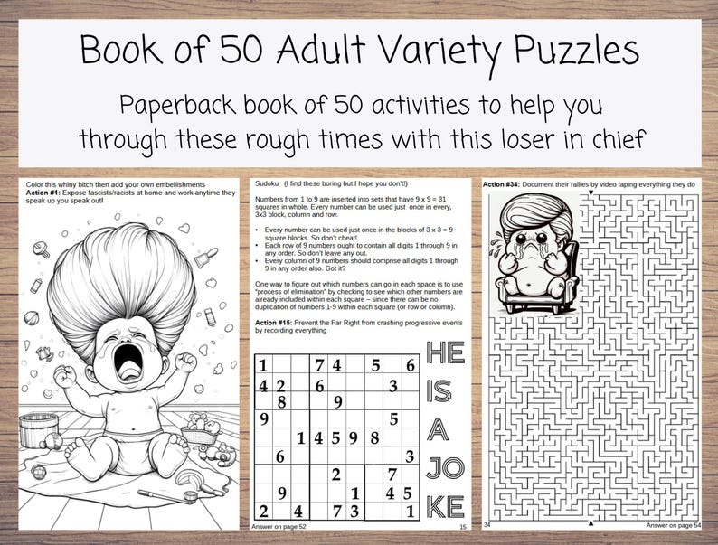 Op de afbeelding: Een paperback boek getiteld "Book of 50 Adult Variety Puzzles". Het boek bevat puzzels, waaronder Sudoku en een doolhof. De omslag heeft een illustratie van een huilende baby en de tekst "He is a joke."