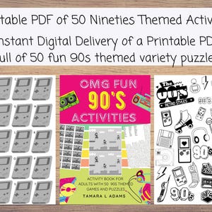 以下が含まれることがあります： 90年代をテーマにした50個のアクティビティの印刷可能なPDF。画像には、ゲームボーイ、ラジカセ、カセットテープ、ローラースケートなど、90年代をテーマにしたグラフィックが表示されています。「OMG FUN 90'S ACTIVITIES」と書かれています。