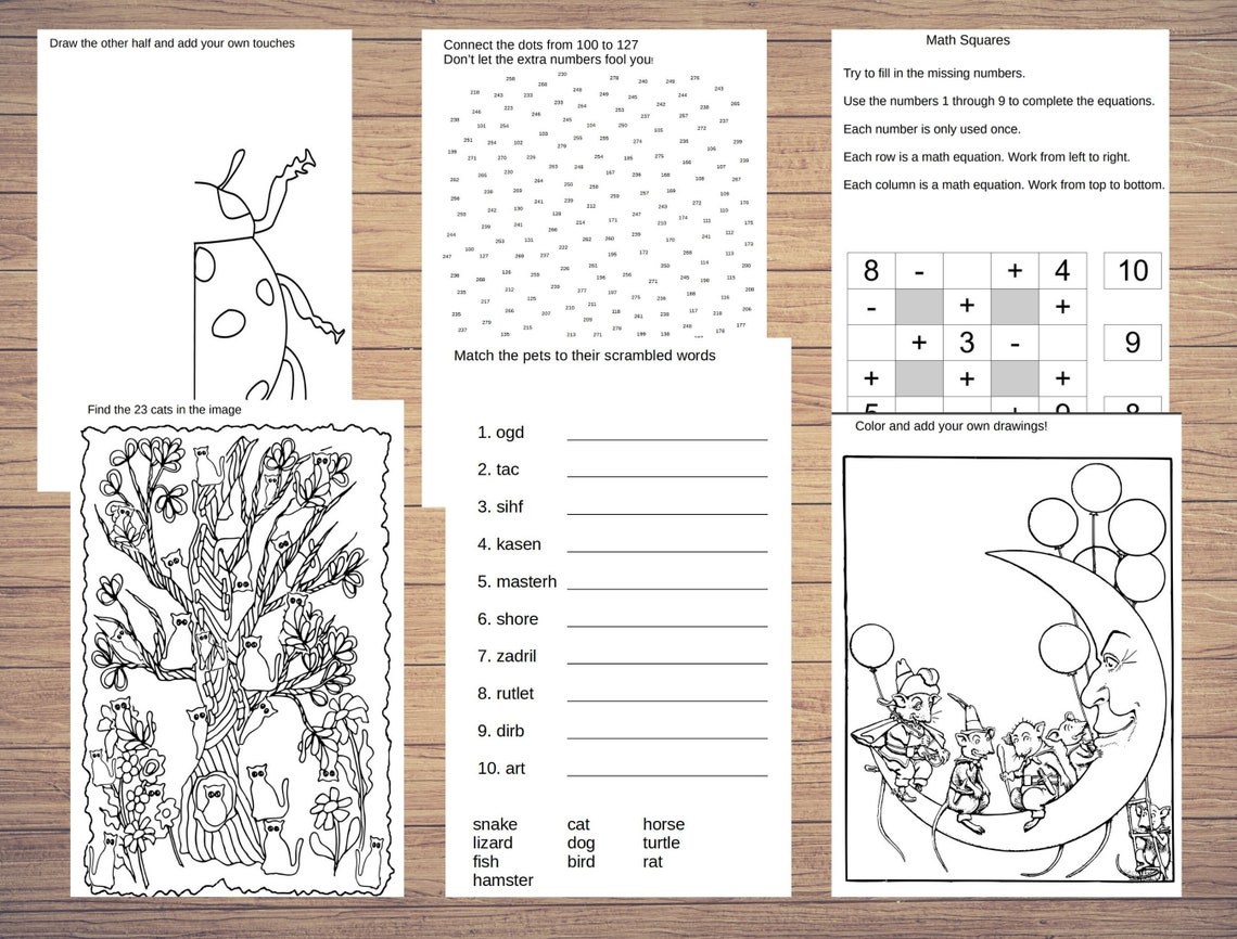 100 Printable Activities Kids Age 5-7: Coloring, Hidden Image, Math ...