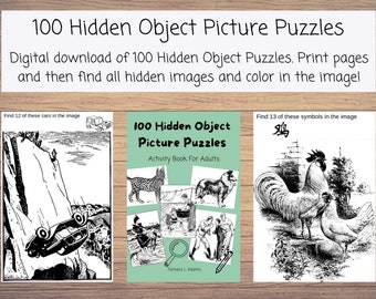 100 Hidden Object Picture Puzzles Activity Book for Adults and Teens. Variety of images that range from easy to hard for hours of fun!