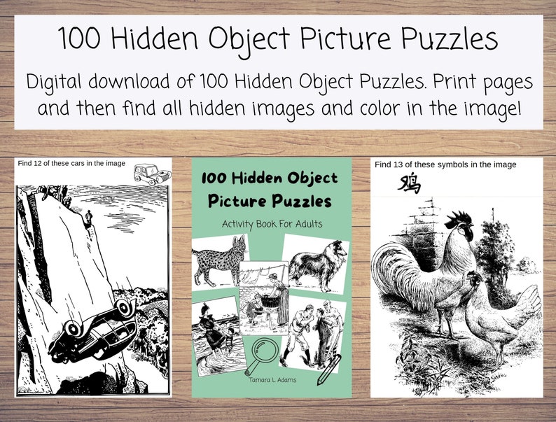 May include: A book cover with a green background and the title "100 Hidden Object Picture Puzzles". The book is an activity book for adults. The cover features a black and white illustration of a cheetah, a dog, and two people.